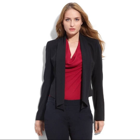 THEORY Bennira open front waterfall shawl collar cropped black jacket - Picture 4 of 7